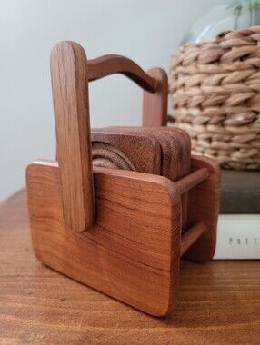 Vintage MCM Dolphin Teakwood 6 Piece Coaster Set & Caddy Mid-Century Modern